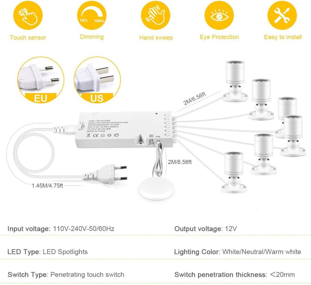 Cabinet Light LED Spotlights 6 Pack Dimmable Penetrative Touch-Sensitive Switch, Suitable for Wall Art, Plants, Jewelry Display Cases, and Collectible Showcases (Warm Light 3000K)