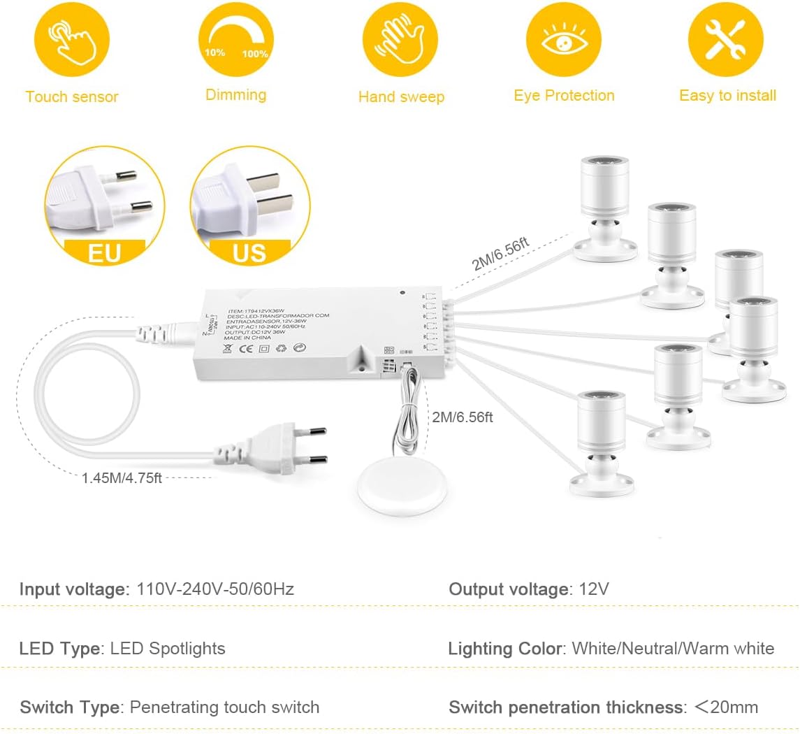 Cabinet Light LED Spotlights 6 Pack Dimmable Penetrative Touch-Sensitive Switch, Suitable for Wall Art, Plants, Jewelry Display Cases, and Collectible Showcases (Cool White 6500K)
