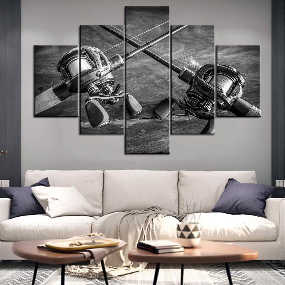 Black and White Pictures Angling Tools Paintings Fishing Sports Wall Art 5 Panel Printed on Canvas Grey Artwork for Living Room Rustic Home Decor Framed Ready to Hang Poster and Prints(60''WX40''H)