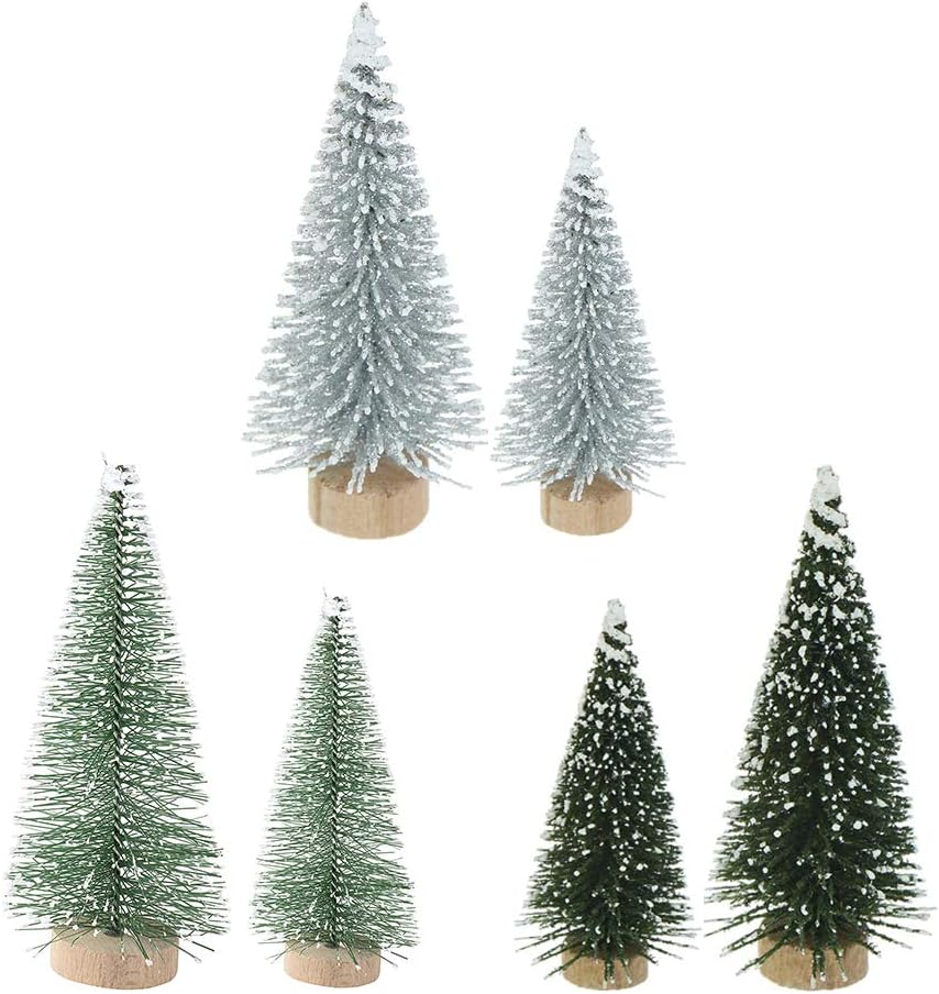 Yahpetes Miniature Christmas Tree 6 Pcs Pine Trees Sisal Trees Snow Frost Ornaments with Wooden Bases for Miniature Scenes, Christmas Crafting and Designing, Mixed Size