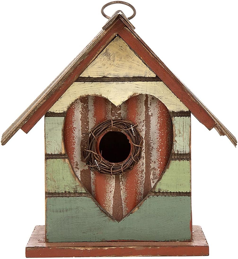 Glitzhome Bird House for Outdoor, 8.75" H Decorative Pet Cottage Distressed Heart Wooden Birdhouse for Outside,Graden Hanging Birdhouse for Bluebird Hummingbird Wren Finch Cardinals Cedar