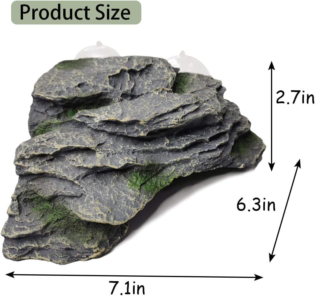PINVNBY Turtle Basking Platform, Reptile Climbing Shale Resin Ledge Stone, Aquarium Ornament Rock Landscaping Decoration with Suction Cups for Frogs Newts Lizard (Large:7.1”Lx6.3”Wx2.7”H)