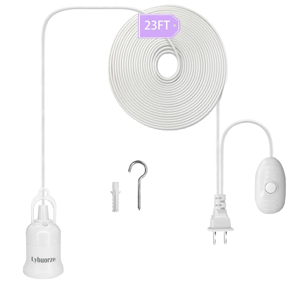 23 ft Extension Hanging Lantern Pendant Light Lamp Cord Cable, Plug in Hanging Lamp Cord Kit with On Off Switch and E26 E27 Socket, Hanging Light Socket with Cord for Bedroom Garage Farmhouse