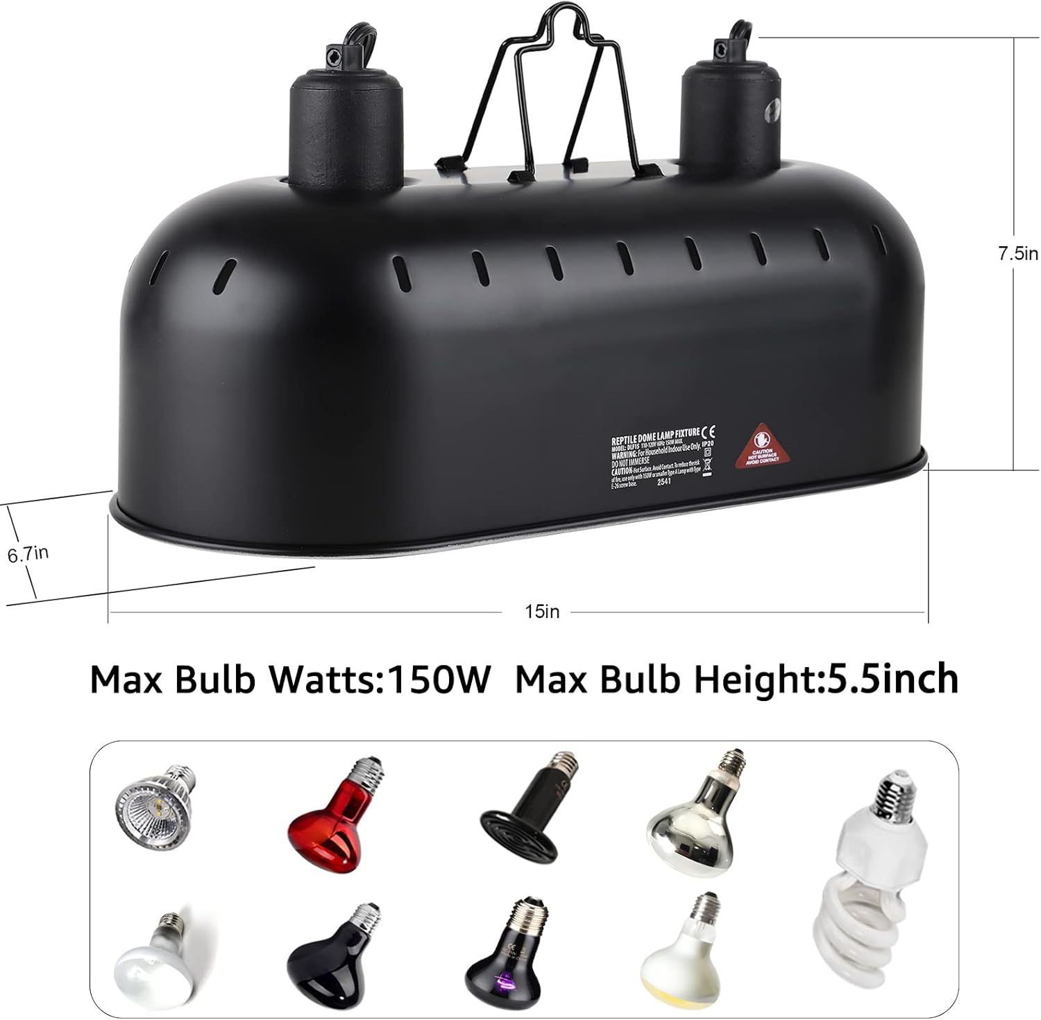 DXOPHIEX 15inch Dual Reptile Light Fixture, Max 150W Dual Reptile Heat Lamp Fixture with 100W Basking Spot Lamp Bulb and 26W UVB Heat Bulb for Bearded Dragon Terrarium and Tortoise Habitat