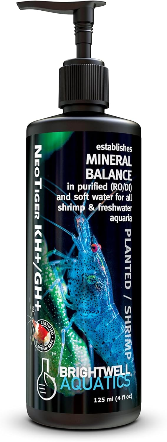 Brightwell Aquatics NeoTiger KH+/GH+ Mineral Supplement Balances Hardness in RO/DI Water with Calcium Magnesium Potassium Sodium for Shrimp Fish Planted Aquariums, 125 ml