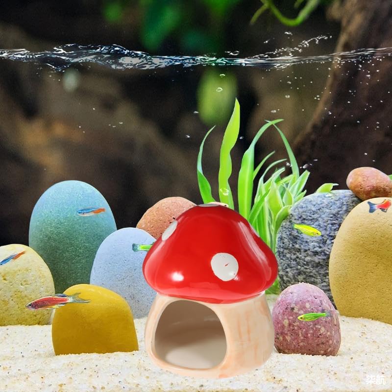 Mushroom Fish Tank Decor, Ceramics Aquarium Shrimp Cave, Betta Hideout Decoration, Cottage Ornament Goldfishes Pleco Cave for Fish Tank Landscape Hideaway Spawning Decor - Red