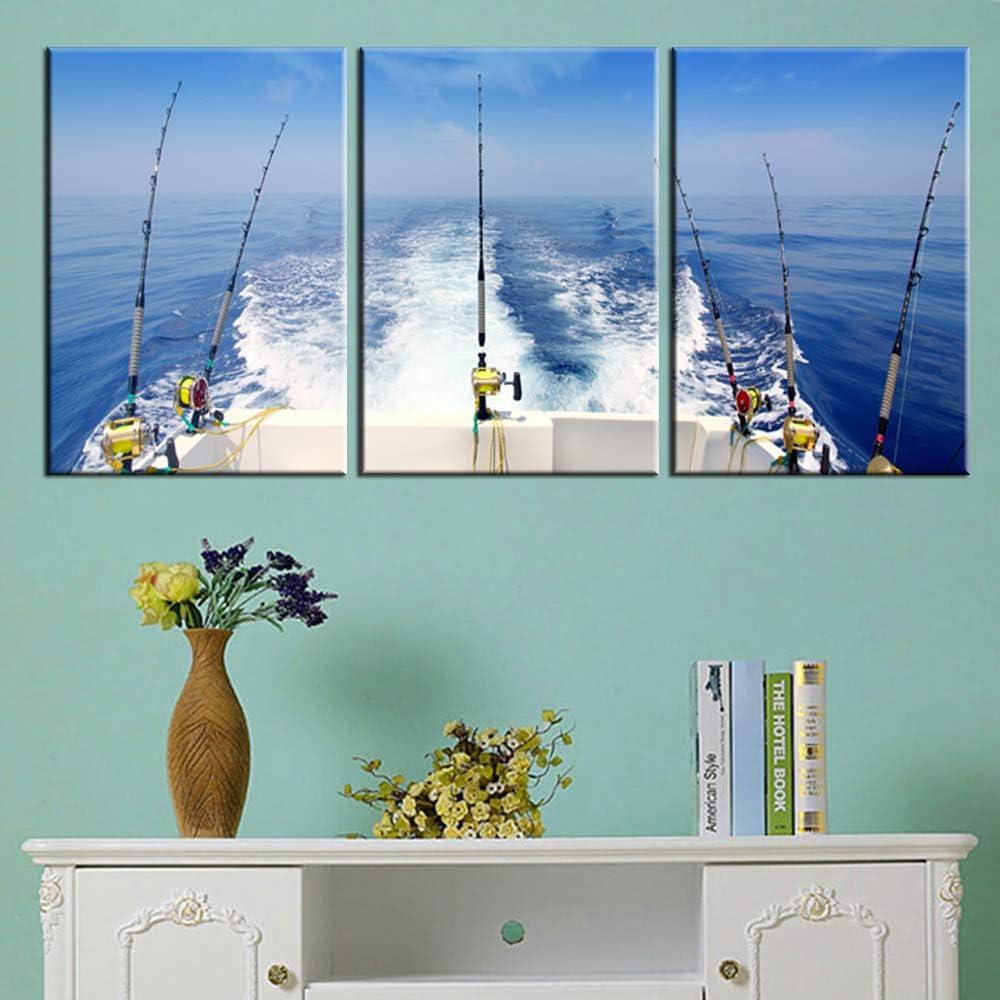 Angling Art Work for Home Walls Fishing Tackle Pictures Reel and Rod Paintings Seascape Big Wave Wall Art 3 Pieces Printed on Canvas Framed Gallery-Wrapped Ready to Hang in Living Room(42''Wx20''H)