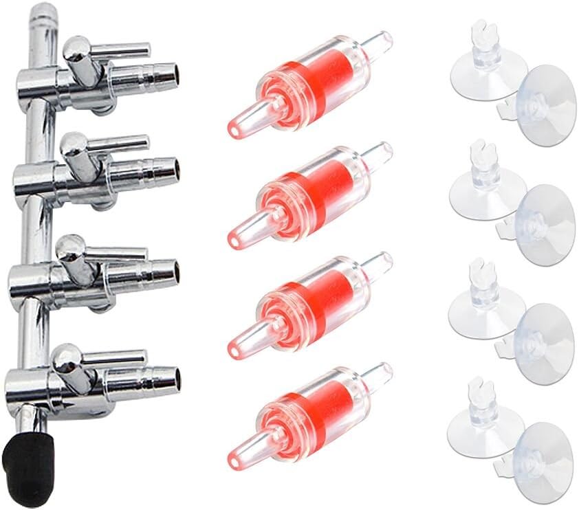 Aquarium Air Pump Splitter 13 in 1 Set 4-Way Air Flow Control Lever Valve & 4 Non-Return Check Valves & 8 Suction Cups for Fish Tank Airline Air Tube Hose
