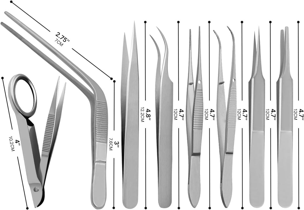 Splinter Forceps - Fine Point - Tweezers Stainless Steel Straight & Curved (Set of 8 Pcs W Magnifying Glass)