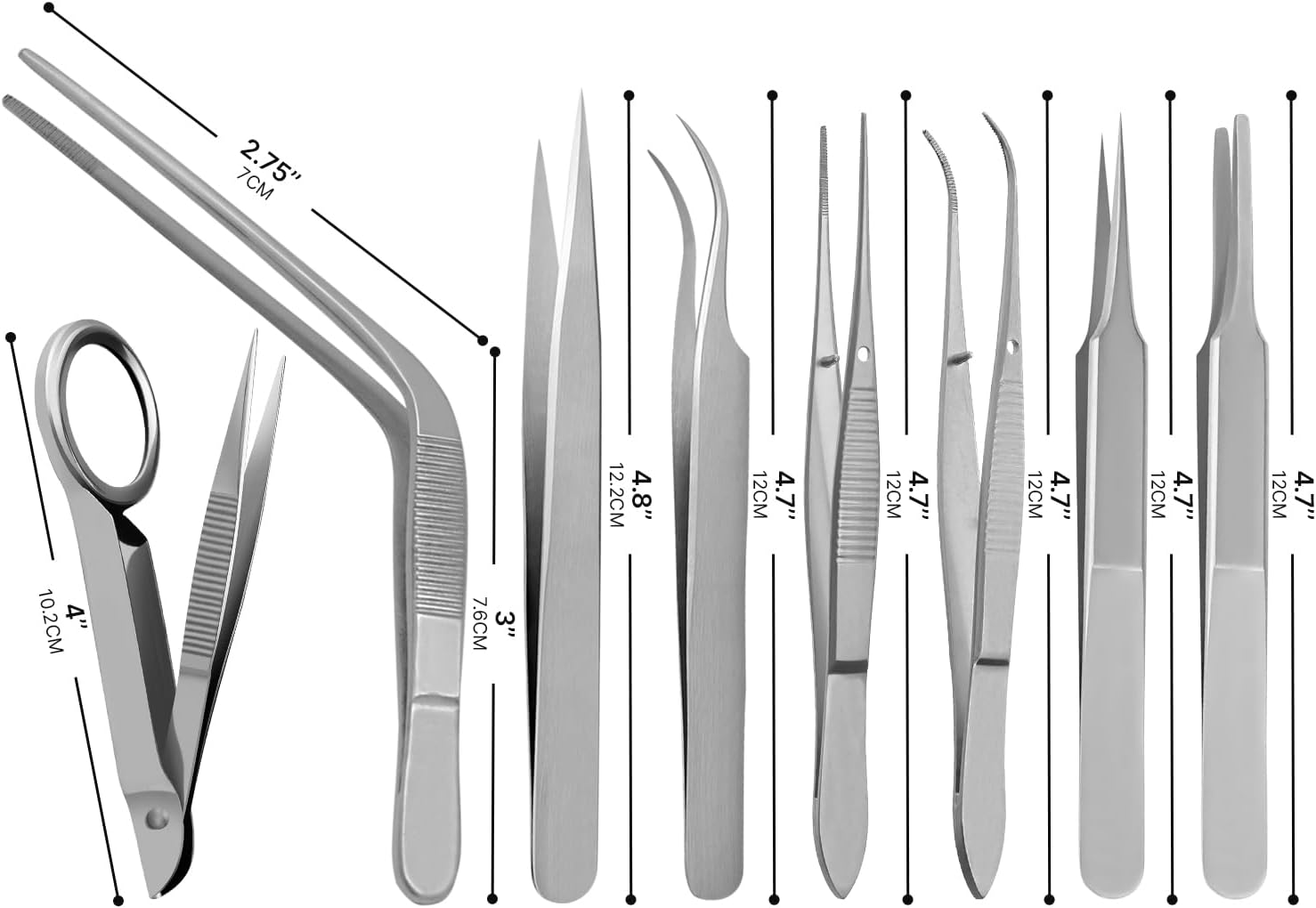 Splinter Forceps - Fine Point - Tweezers Stainless Steel Straight & Curved (Set of 8 Pcs W Magnifying Glass)