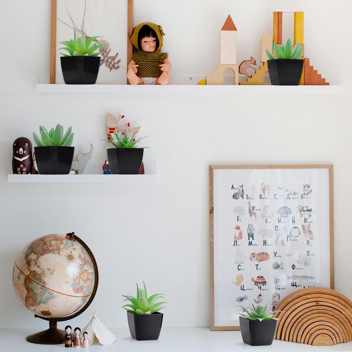 Woration 6pcs Fake Succulent Plants in Black Pots Artificial Mini Succulents Potted Green Decor Set Faux Greenery for Office Desk Table Shelf Party Decorations