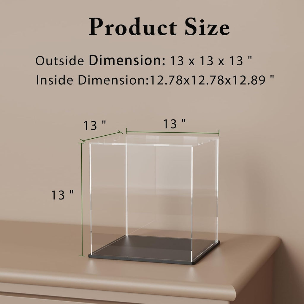SVENJBB Large Display Case for Collectibles, 13x13x13 Inch Acrylic Box for Miniature House and Figures, Clear Acrylic Display Cases with Matte Black Base for Collection Protection and Storage