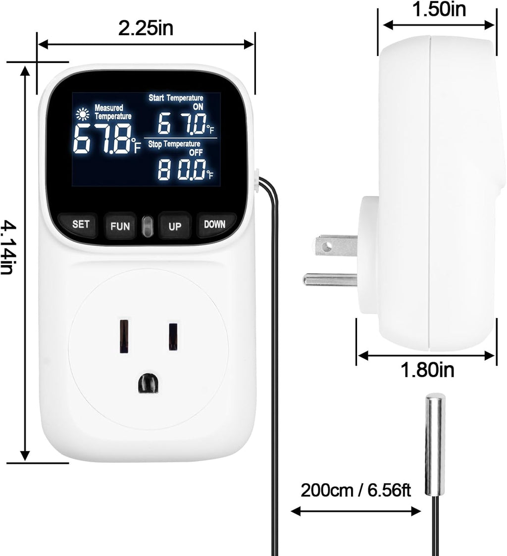 Digital Temperature Controller Thermostat Outlet Plug, 120V 15A Heating and Cooling Control with Sensor,Thermostat Timer LCD Display, Ideal for Reptiles, Greenhouses, and Brewing