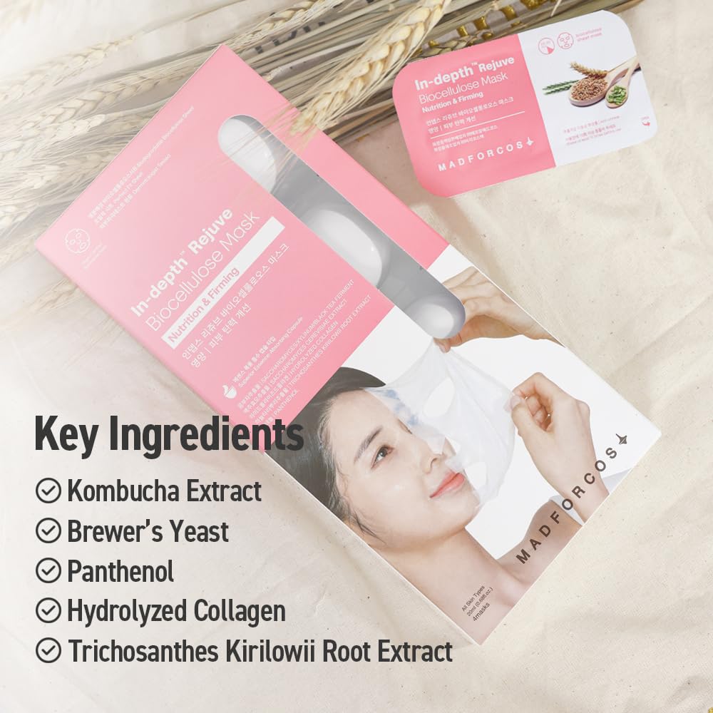 In-depth Rejuve Bio-Cellulose Face Mask – Firming & Revitalizing Sheet Mask with Natural Ingredients | Korean Skincare for Elasticity & Glow (Rejuvenation, 8 Count (Pack of 1))