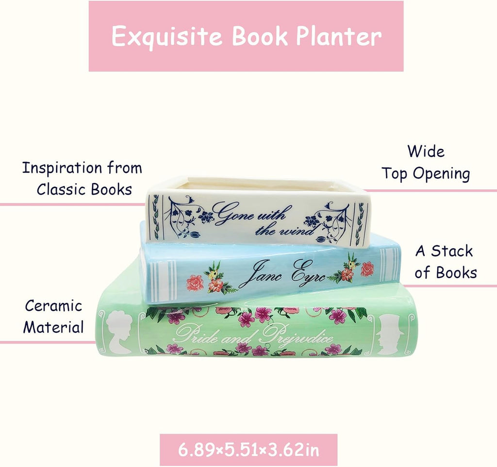 Small Book-Shaped Decorative Planter - Ceramic Vase for Flowers - Cute Bookshelf Home Bedroom Office Decor - Unique Classic Titles Bookstack Housewarming Gifts for Book Lovers