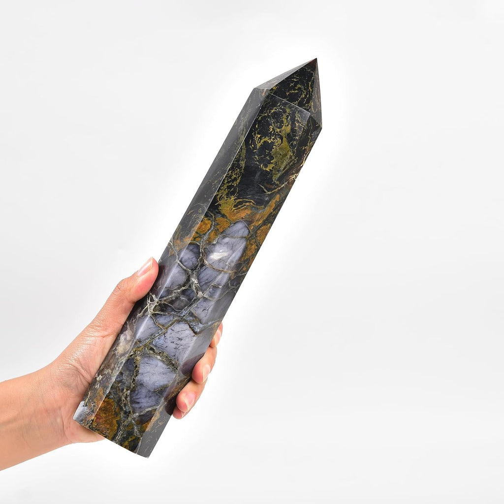 JIC Gem Large Pietersite Quartz Crystals Obelisk Tower Wand Points 6 Faceted Healing Crystal Wand Tower Home Decor Reiki Healing 2.6-3.0 Lbs