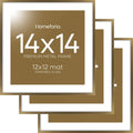 Homeforia 14x14 Picture Bronze Frame, High End Metal 14 x 14 Square Poster Frame with Mat 12 x 12 Photo, 14x14 Brass Frame Matted to 12x12 Print, 14by14 Thin Frames, Tempered Glass, Wall Kit, Set of 3