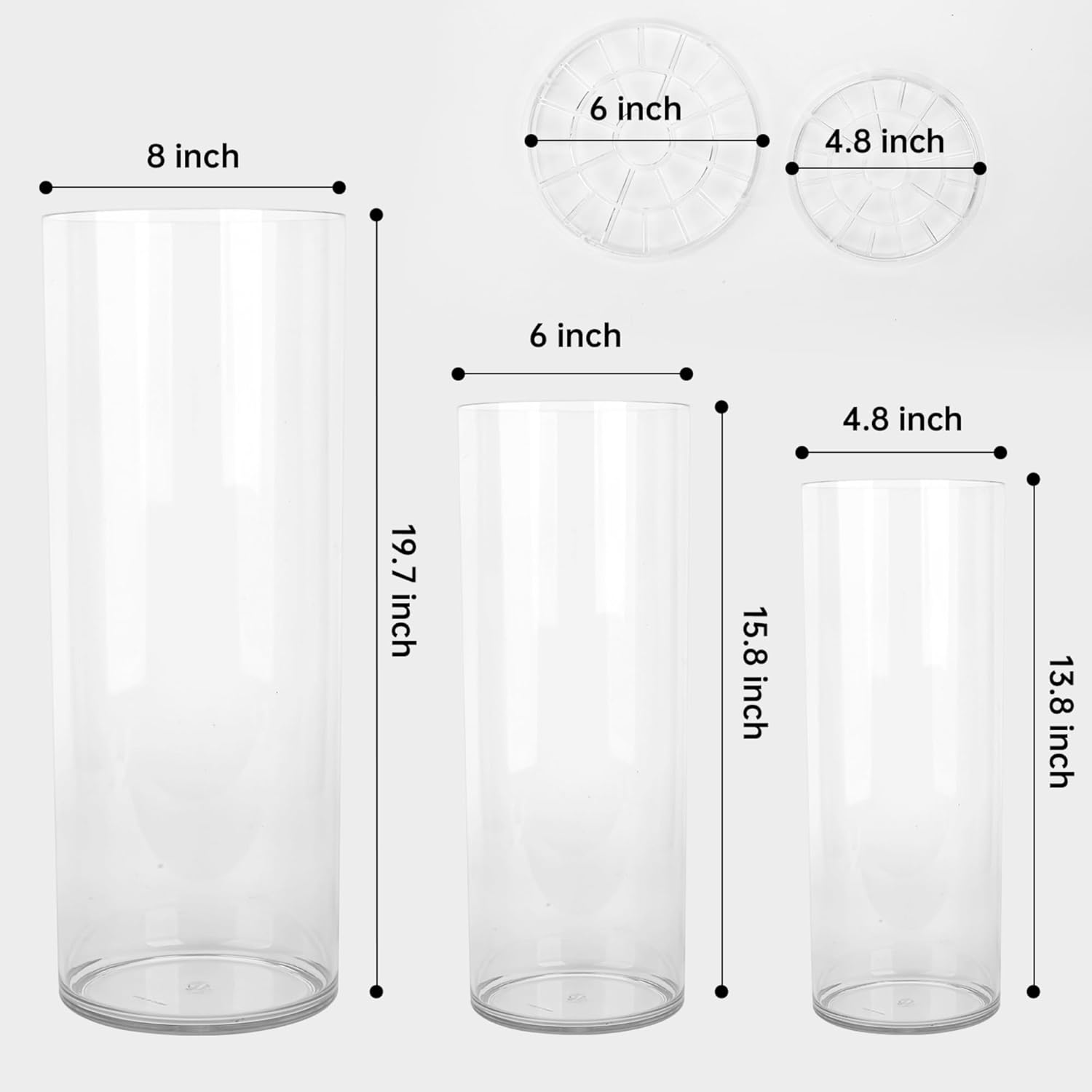 Extra Large Acrylic Cylinder Clear Vase for Floor, 20 in Tall Big Wide Mouth Plastic Unbreakable Hurricane Flower Vases of 3 for Home Decor (D 8", D 6", D 4.8" + 3 Holder)