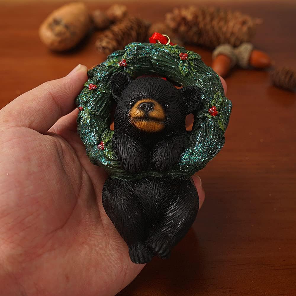 Christmas Small Animal Wreath Swing Ornament Hanging Decor for Xmas Tree Home Office Room Decoration with String (New, Black Bear)