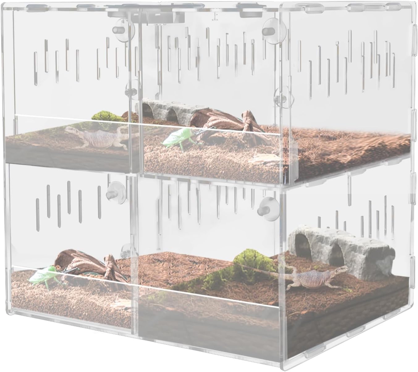 Acrylic Reptile Terrarium, 4 Grid Clear Tank with Ventilation Holes,4 Grids Cage Enclosure Box Enclosure Reptile Pet Display Containers Front Opening Design for Snakes, Spiders, Beetles