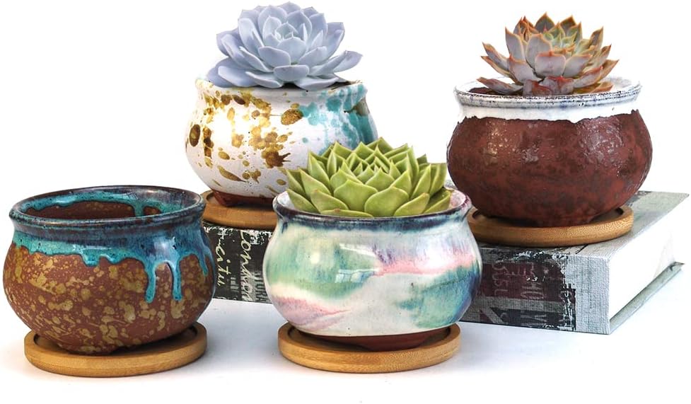 Succulent Pot 4 Inch Hand Glazed Plant Pot Round Ceramic Succulent Planter with Drainage and Saucer Cactus Clay Pot Set of 4