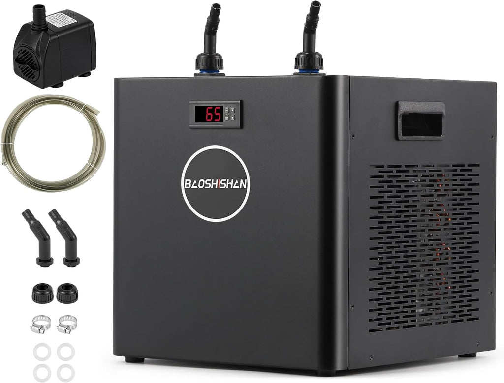 BAOSHISHAN Aquarium Chiller 132gal, 1/2HP Water Cooler, Quiet Design Refrigeration Compressor for Hydroponics, Axolotl, Coral Reef, Fresh & Salt Fish Tank (132gal/500L)