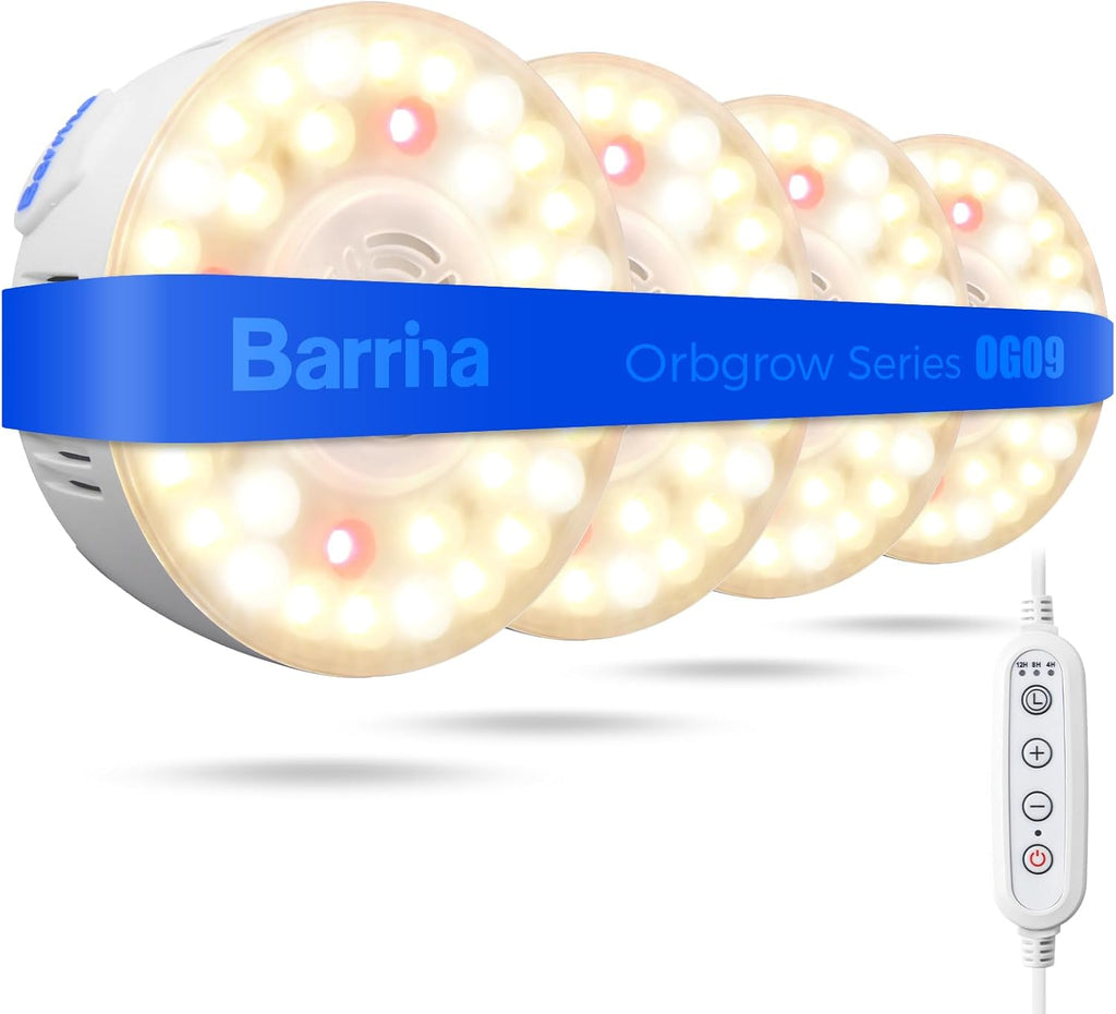 Barrina Orbgrow OG09 Puck Grow Light with Timer, 660nm Red LEDs 36W(4 x 9W, 540 Watt Equiv), Full Spectrum Plant Light for Indoor Plant, Magnetic & Linkable, 5 Levels Dimmable for Plant Shelf, 4 Packs