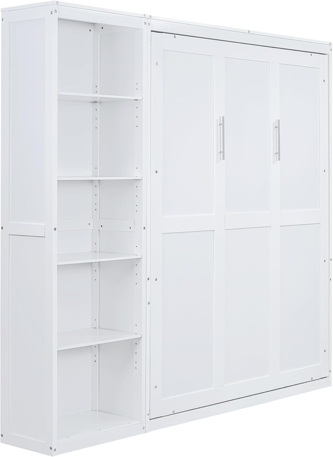 MERITLINE Queen Murphy Bed with Storage Bookcase Shelves,Wood Folding White Murphy Wall Bed Cabinet with Storage Shelves for Adults