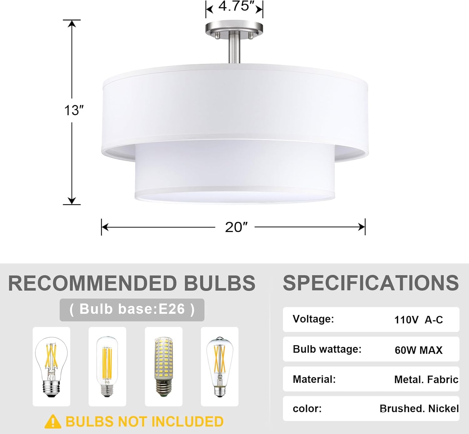 4 Light Off White Double Drum Fabric Shade Semi Flush Mount Ceiling Light,Close to Ceiling Light Fixture Brushed Nickel Finish,20 inch Semi Flush Drum Light for Bedroom,Living Room,Dining Room Hallway
