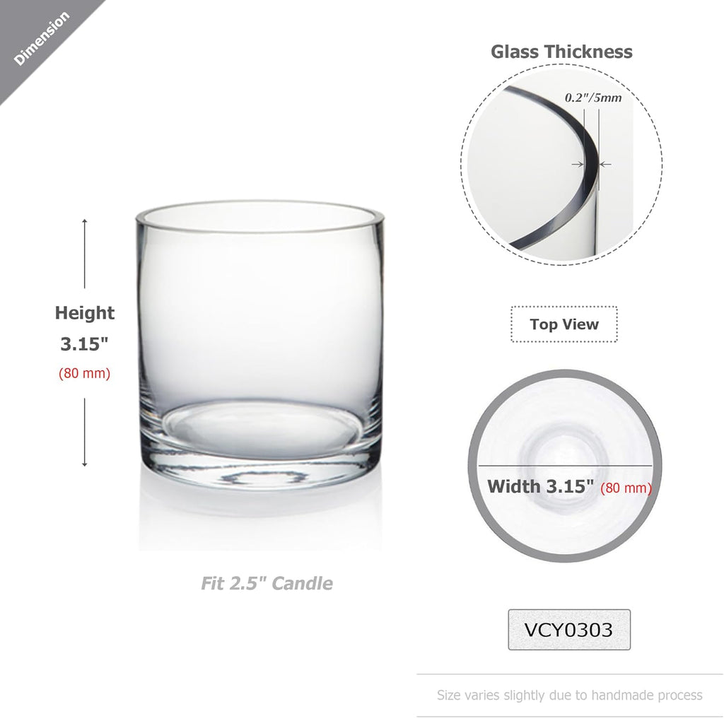 WGVI WGV Cylinder Vase Bulk, 3" W x 3" H, Clear Glass Candle Holder Bud Floral Container Planter Terrarium for Wedding Party Flowers Centerpieces and Home Office Decor, 6 Pieces