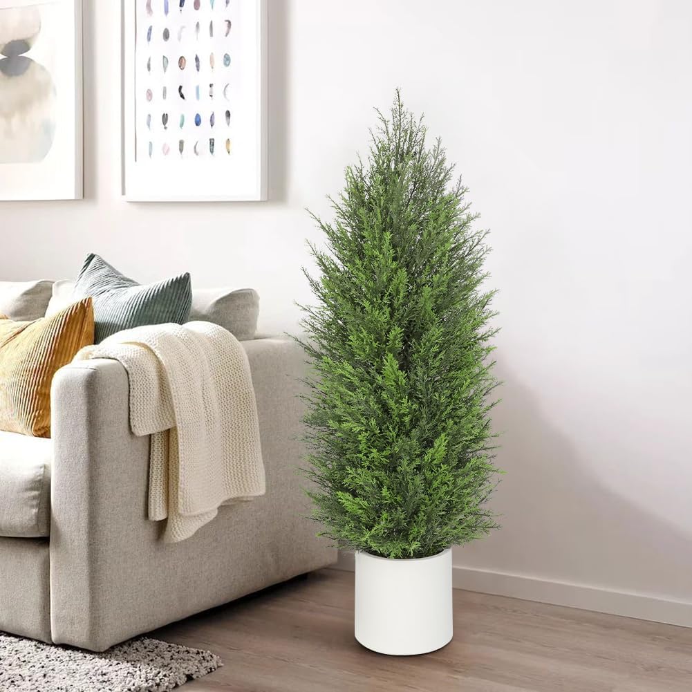 Briful 2PCS 4ft Artificial Cedar Topiary Trees in White Planter – Medium Faux Evergreen Potted Plants, Indoor Outdoor Fake Shrubs, Lifelike Fake Cypress Trees for Home, Office, Patio, Porch