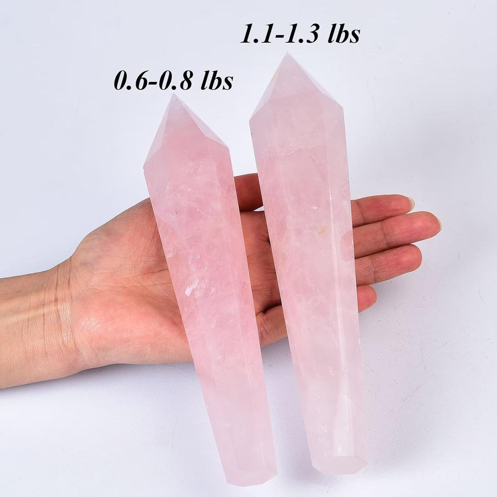 Rose Quartz Wand Point Long Healing Crystal Scepter Decorative Stone Reiki Meditation with Display Stand Home Office Decor 0.4-0.6LBS