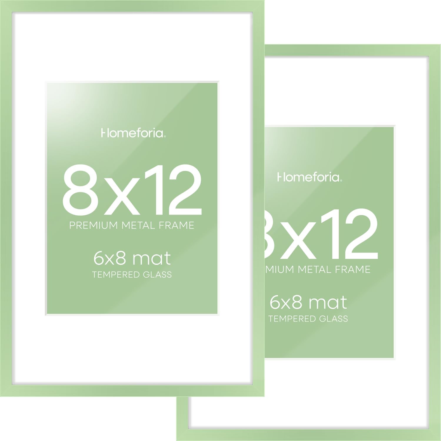 Homeforia 8x12 Picture Frame Sage Green, High End Metal 8 x 12 Poster Frames with Mat 6 by 8 Photo, 12x8 Frame Matted to 6x8 inch Art, 8by12 Wall or Tabletop Frames, Tempered Glass, Wall Kit, Set of 2
