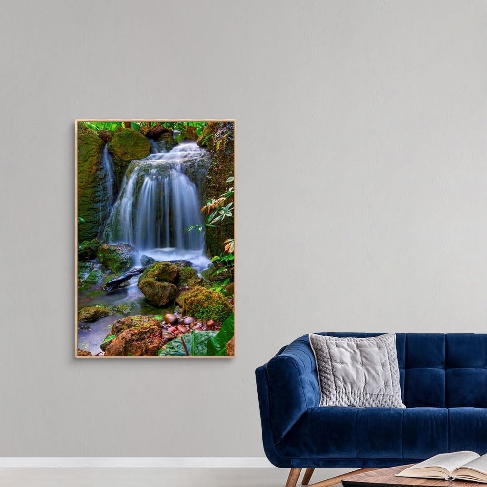 CANVAS ON DEMAND Waterfall in Tropical Rainforest of Fairchild Tropical Gardens, Natural Wood Float Framed Canvas Wall Art Print, Home Decor, Floral, Flowers, Nature Artwork, 32" x48in