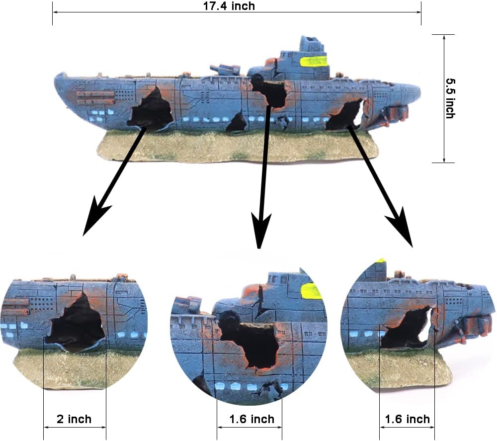 Ulifery Aquarium Shipwreck Sunken Pirate Ship, Submarine Fish Tank Decorations Battleship for Betta Extra Large XL for 55-75 Gallon Tank