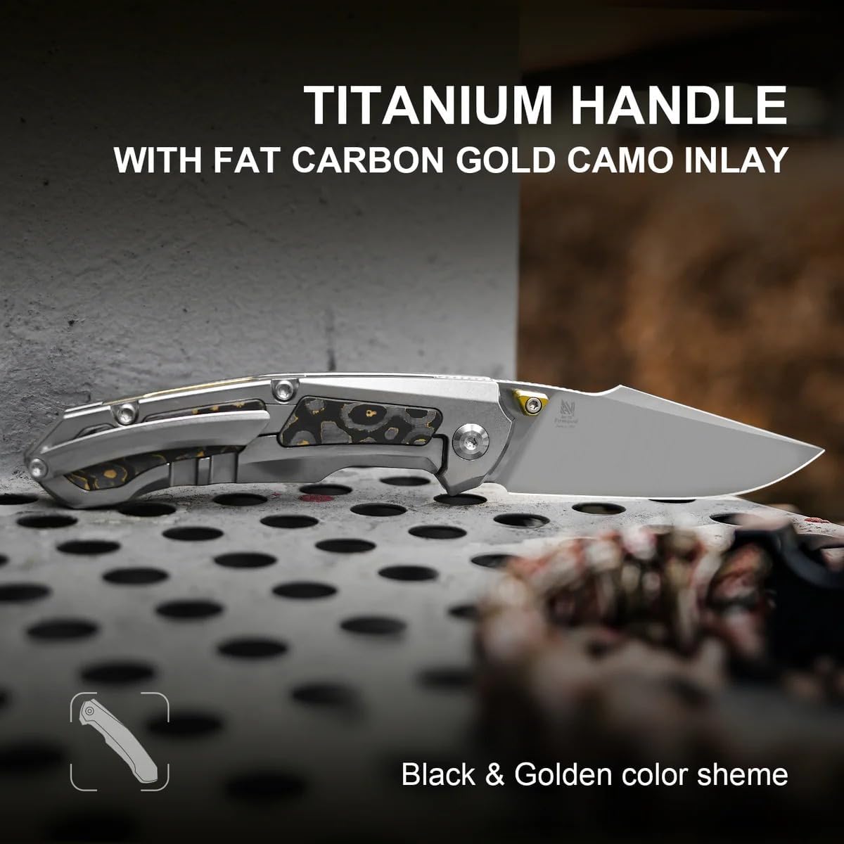 Kizer Feweed Pocket Knife, 2.98" Z-Wear PM Clip Point Blade Folding Knife with Titanium Handle with CamoCarbon Gold, Front Flipper & Thumb Stud Opener EDC Knives for Camping Hiking KI3694A4