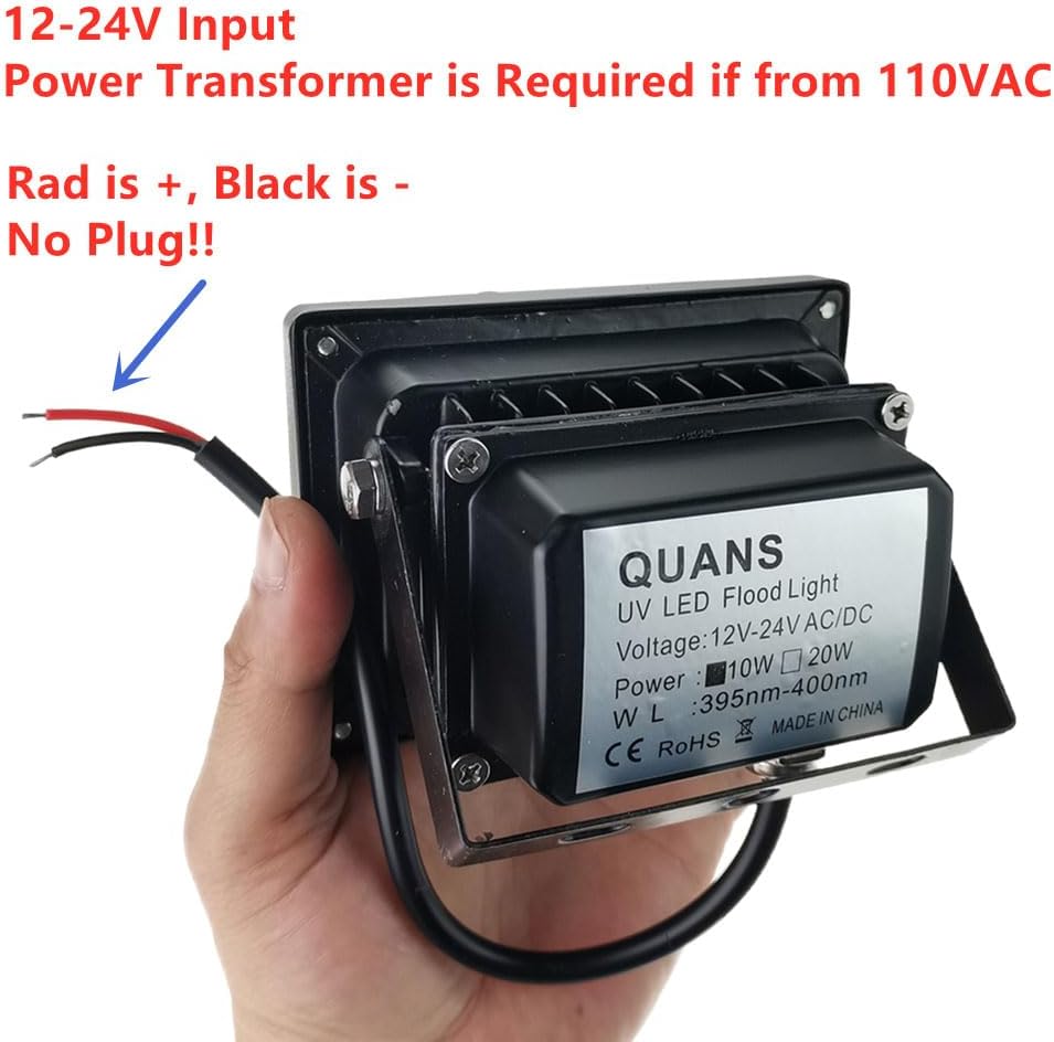 QUANS 10W 12V DC AC 24V DC UV Ultra Violet High Power LED Light for Curing Glue Blacklight Fishing Aquarium, 12V-24V Input Low Voltage Without Plug