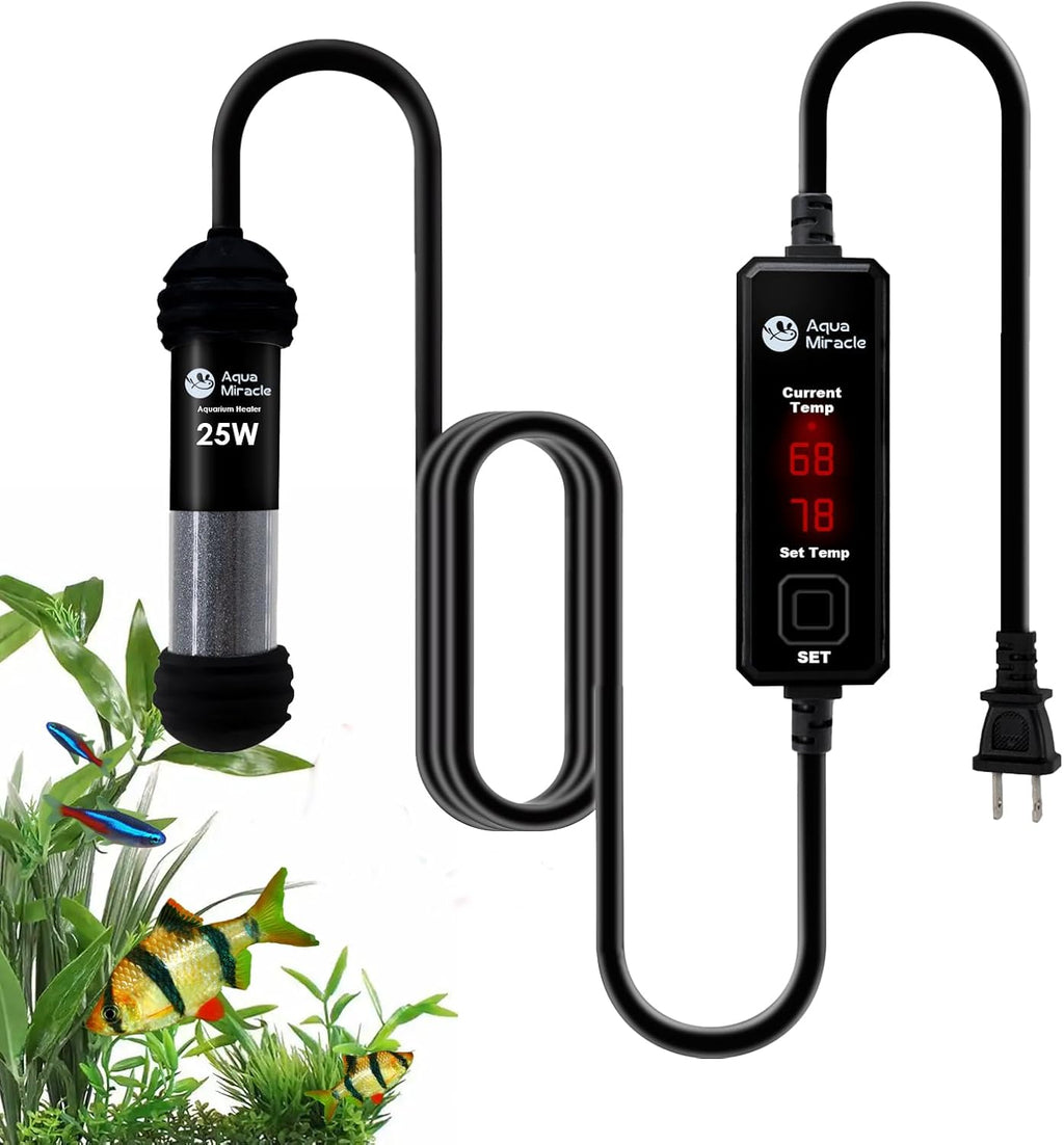 AquaMiracle 25W Small Aquarium Heater Fish Heater, Super Mini Fish Tank Heater Turtle Tank Heater for 3-5 Gal Tanks, with Dual LED Display, Dry-Run/Overheating Protection & Memory Function