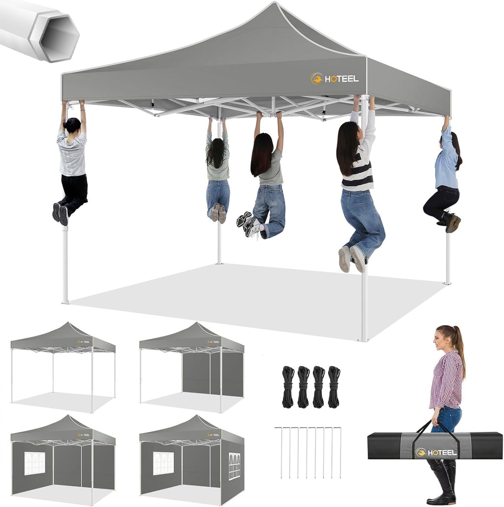 HOTEEL 10x10 Pop up Canopy Tent for Parties, Heavy Duty Easy Setup Tent with 4 Sidewalls, Outdoor Commercial Instant Gazebo for Wedding Event, with Portable Bag, Grey(Hexagonal Frame)