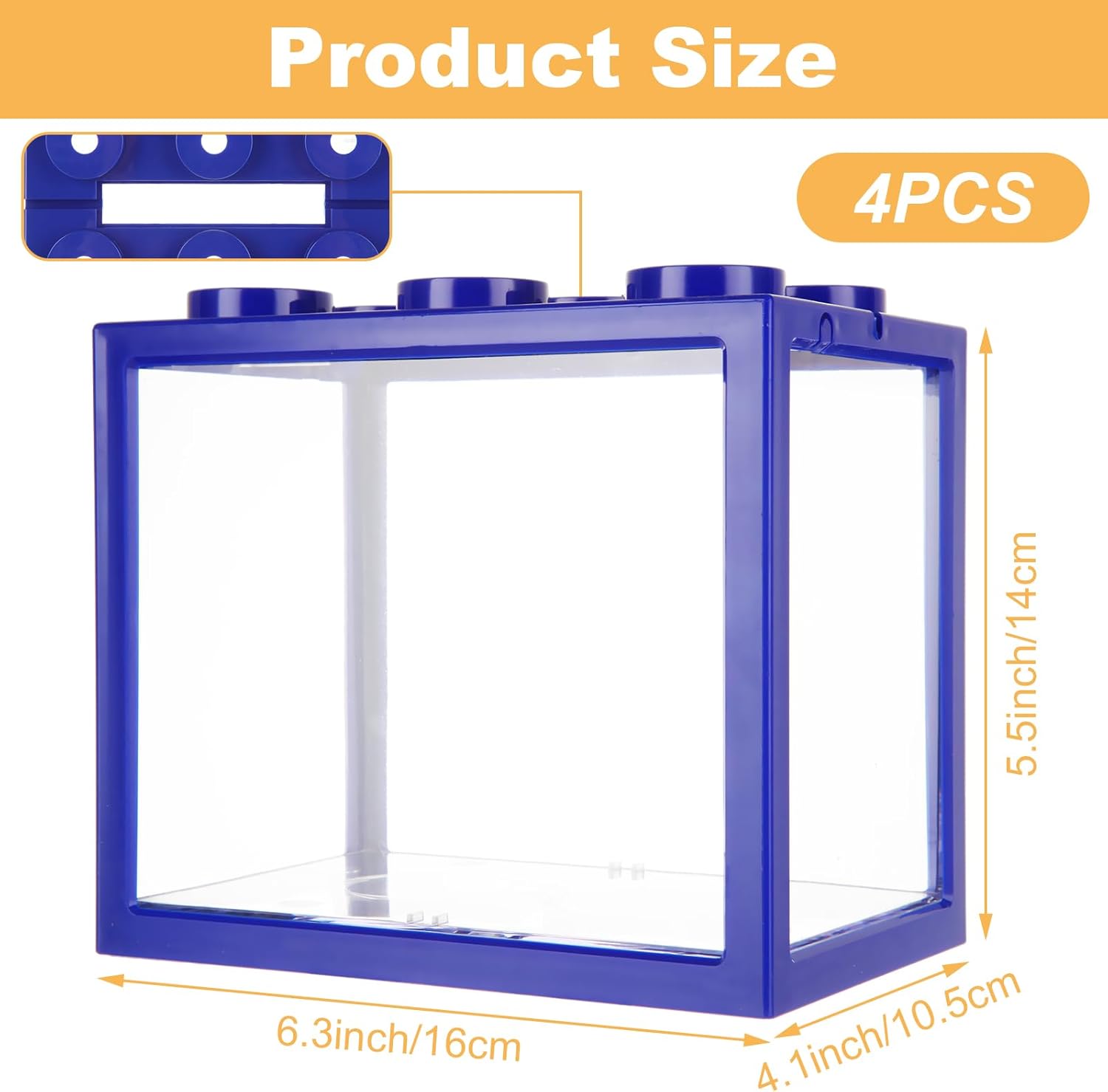 4PCS Plastic Small Betta Fish Tank, 0.6 Gallon Stackable Fish Bowl, Cube Fish Aquarium Tank for Shrimp, Turtle, Small Crab (Blue)