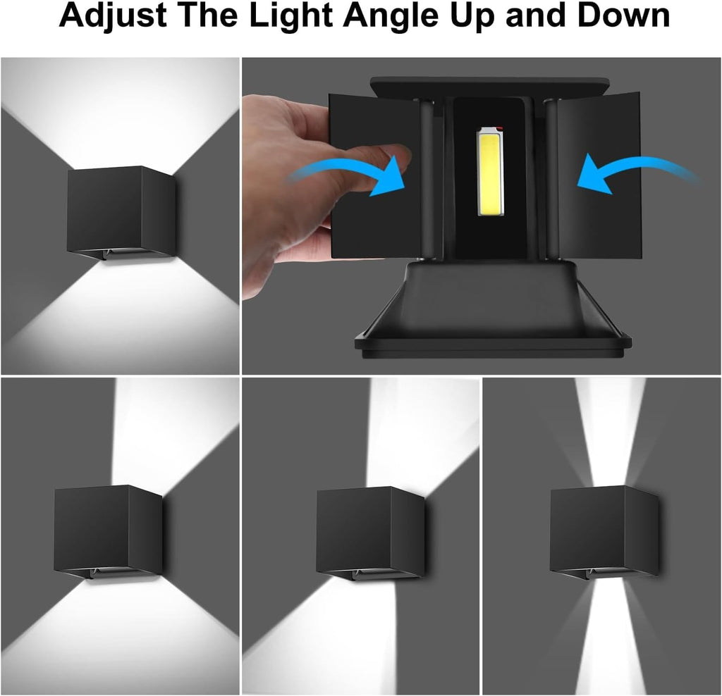 ledmo LED Wall Porch Light Up and Down Outdoor Modern Lights, 20W Adjustable Wall Sconce, IP65 Aluminum Black Square Wall Pack Lighting, 6500K Waterproof Exterior for Yard, House, Patio, Stair, 2 Pack