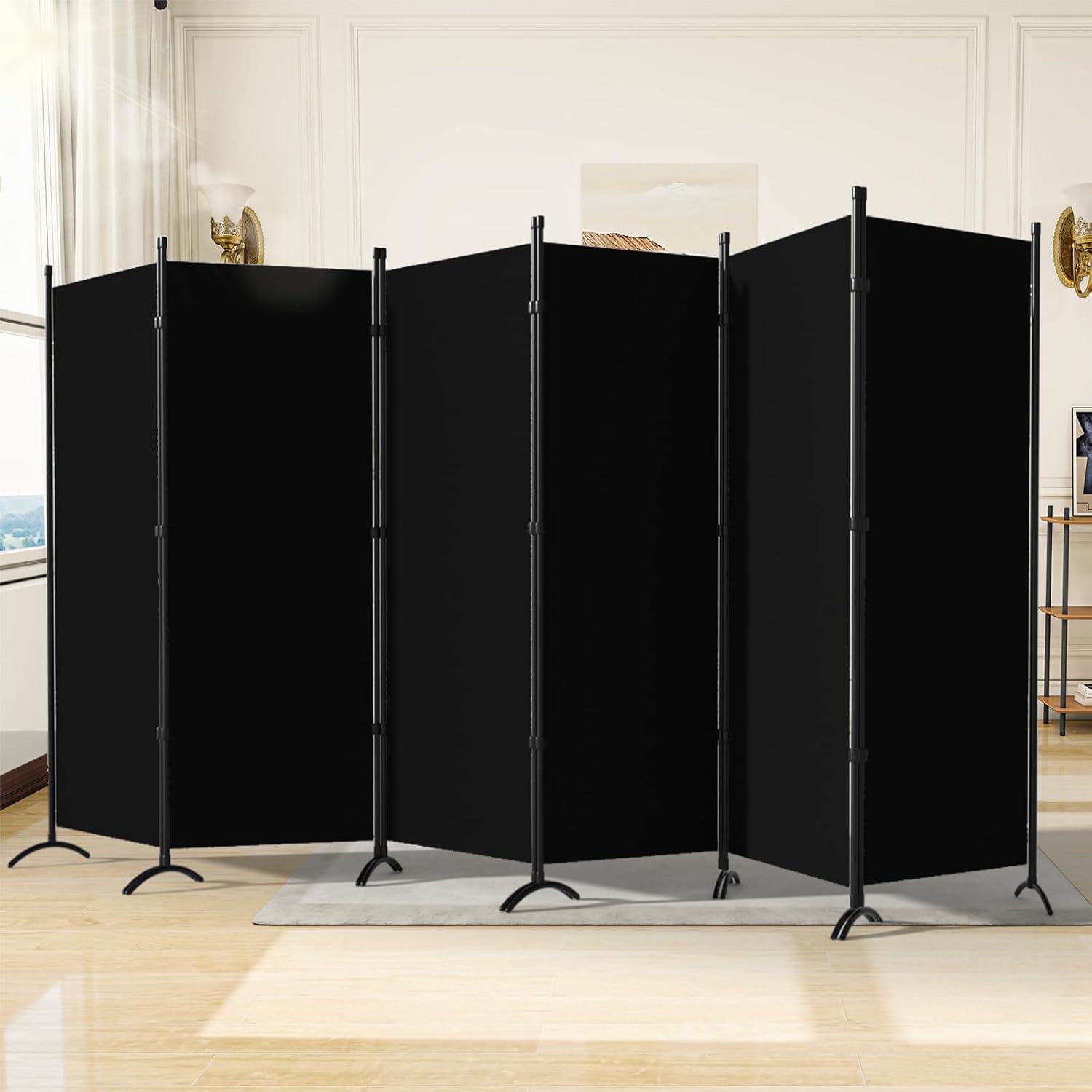 Room Divider, 6 Panel Room Dividers and Folding Privacy Screens, 6FT Partition Room Office Wall Divider for Separation 200" W Fabric, Portable Freestanding Room Divider Wall (Black)