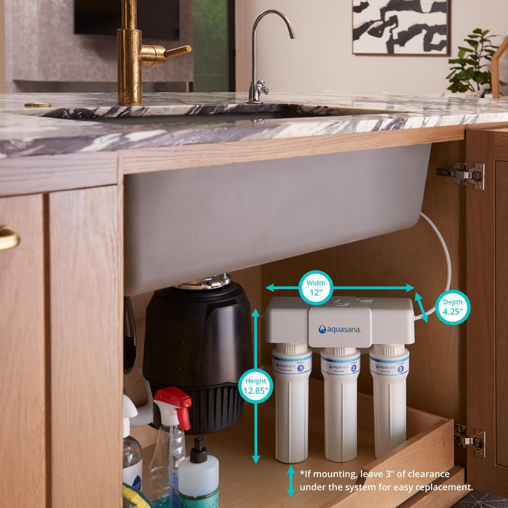 Aquasana Under Sink Water Filter | 3-Stage Max Flow Claryum Filtration | WQA Certified to Reduce PFAS, Lead & Chlorine | Under Counter Drinking Water Filter | Brushed Nickel Faucet | AQ-6300M-BN