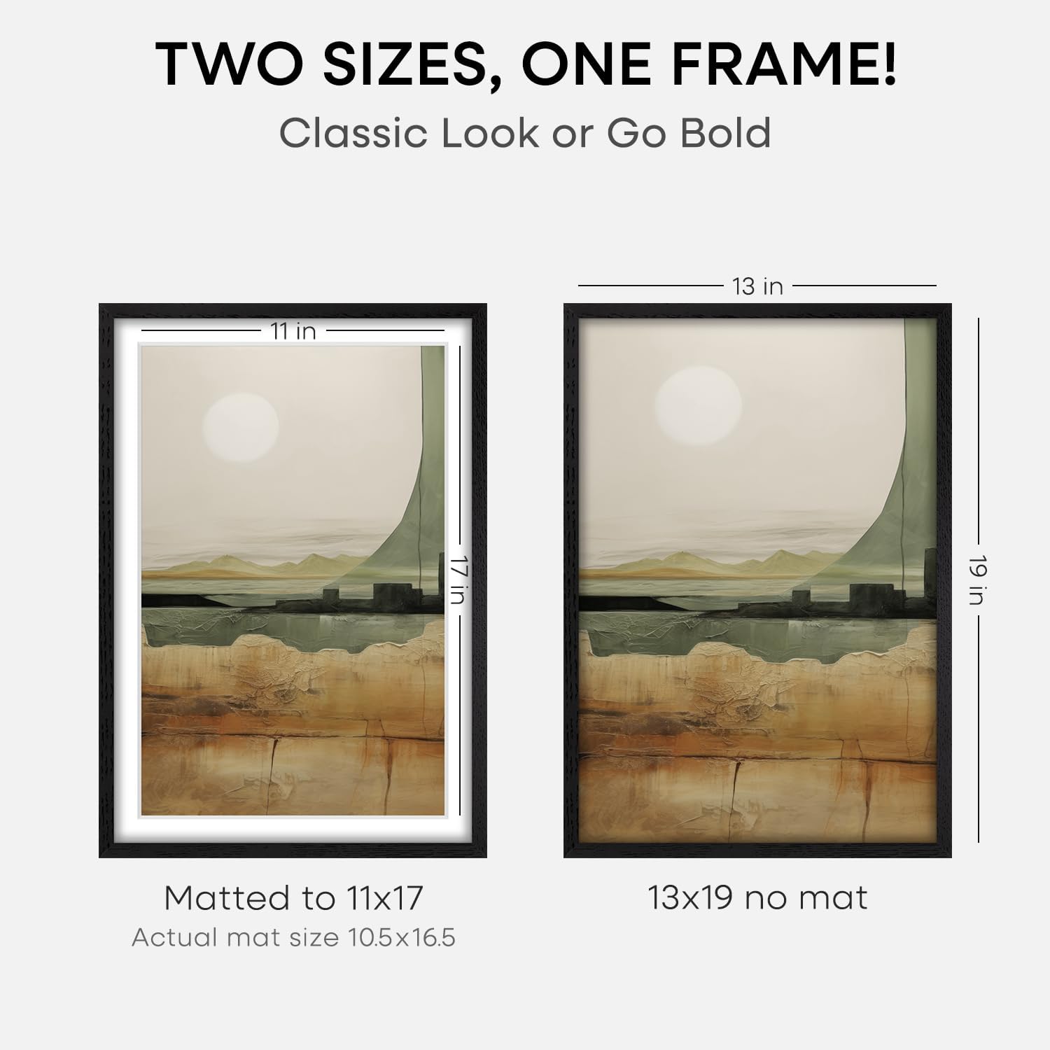 Homeforia 13x19 Picture Frame Black Wood, High End Oak 13x19 Frames with Mat 11x17 Photo, 13 x 19 Wooden Poster Frame Matted to 11 by 17 Print, 19x13 Hanging Frames, Tempered Glass, Wall Kit, Set of 2