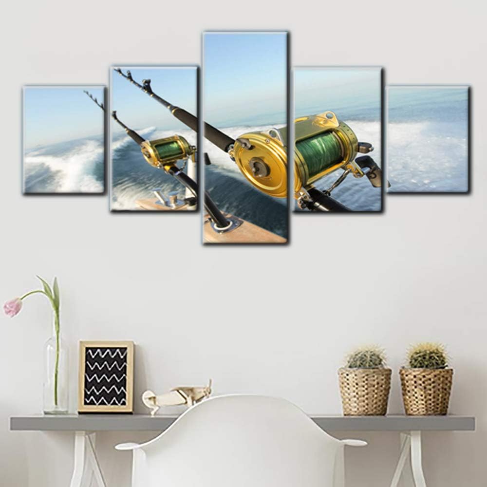 Art Work for Home Walls Fishing Reels and Rods Wall Art 5 Panel Premium Quality Prints Pictures Giclee Ocean Canvas Paintings for Living Room Wooden Framed Gallery-Wrapped Ready to Hang(50''Wx24''H)