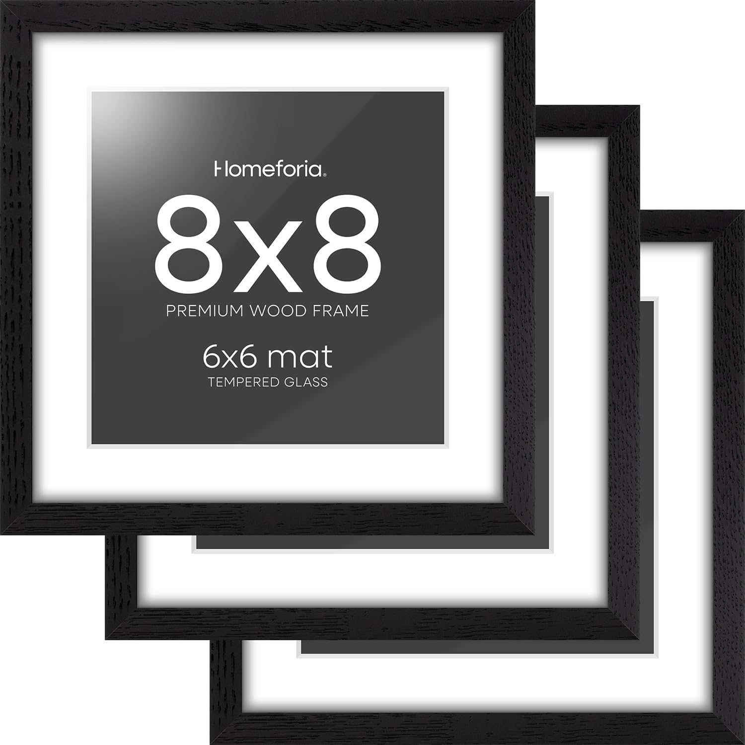 Homeforia 8x8 Picture Frame Black Wood, High-End Oak 8 x 8 Square Frames with Mat 6 by 6 inch Photo, 8x8 Wooden Frame Matted to 6x6 Art, 8by8 Wall or Tabletop Frame, Tempered Glass, Wall Kit, Set of 3