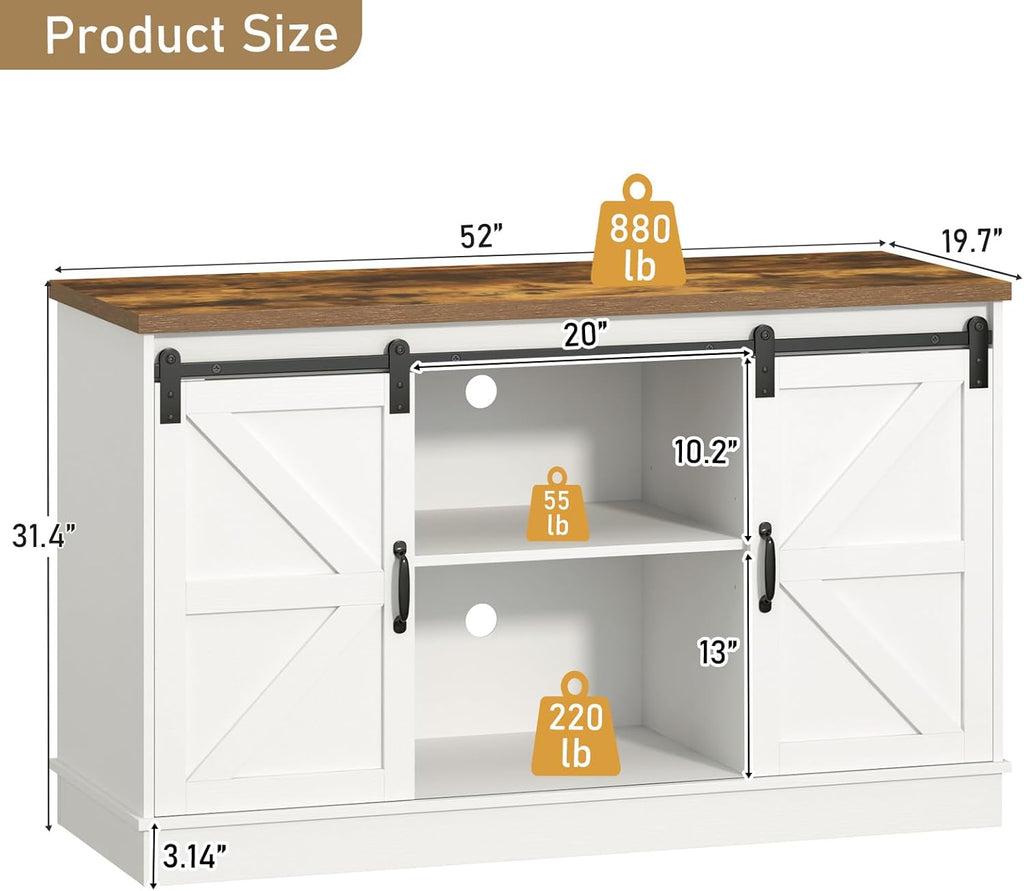 Farmhouse 55-75 Gallon Fish Tank Stand with Power Outlet, Aquarium Stand w/Cabinet&Sliding Barn Door, Heavy Duty Reptile Tank Stand for Fish/Turtle/Reptile Terrarium, 880LBS Capacity, White