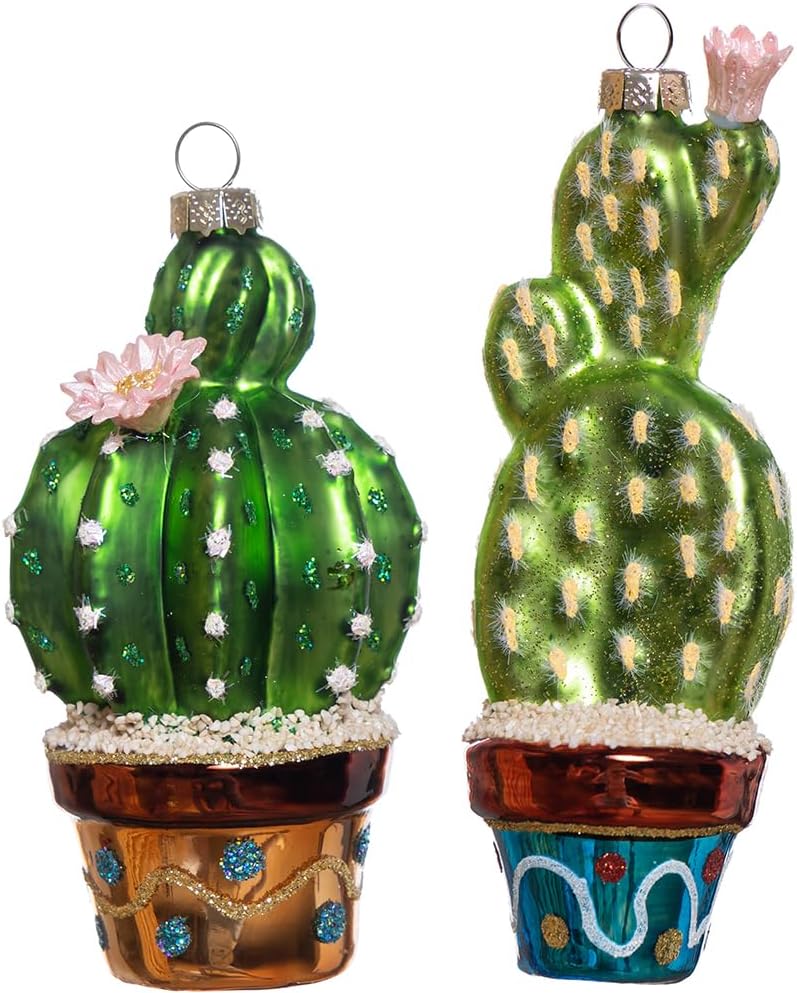 Set of 2 Hand Blown Glass Cactus Ornaments for Christmas Tree, Hanging Glass Cactus Ornament