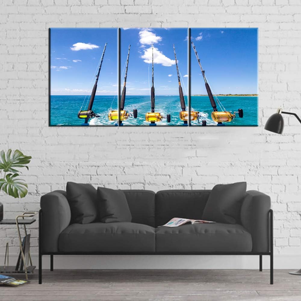 Kitchen Pictures Wall Decor Fishing Rod and Reel Paintings for Living Room Tropical Ocean Scape Artwork 3 Piece Canvas Wall Art House Decorations Framed Ready to Hang Posters and Prints(48''Wx24''H)