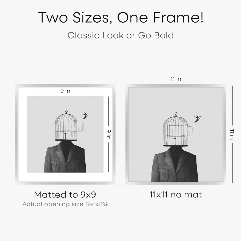 Homeforia 11x11 Picture Frame Silver, High End Metal 11 by 11 Square Frames with Mat 9 x 9 Photo, 11x11 Thin Poster Frame Matted to 9x9 inch Art, Wall Hanging Frame, Tempered Glass, Wall Kit, Set of 2